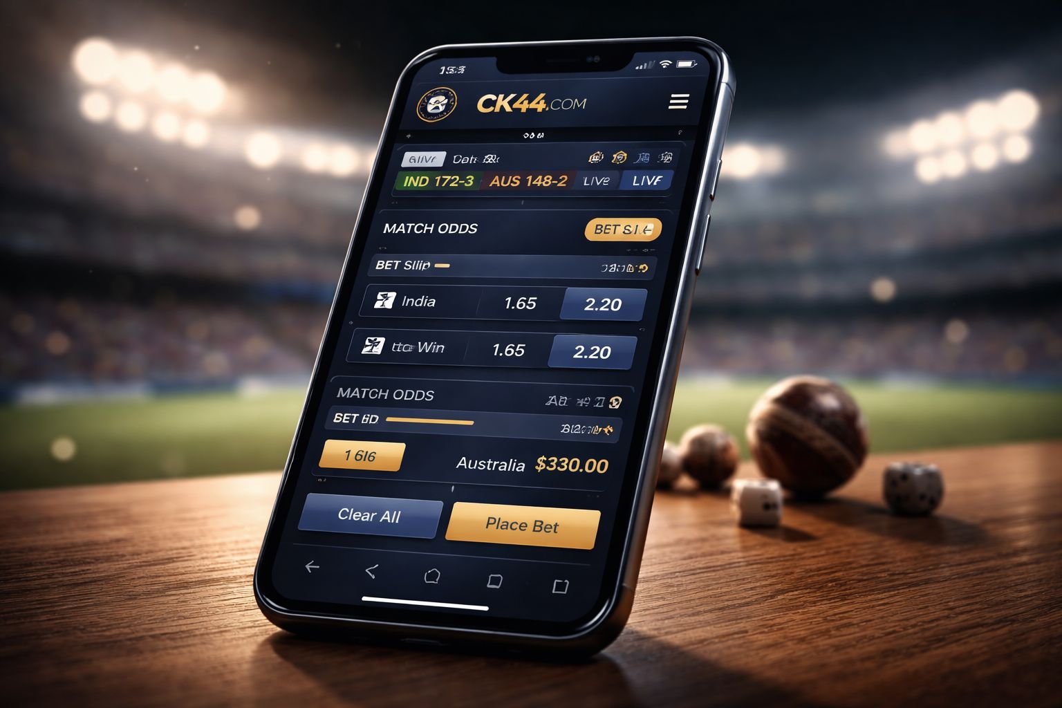 CK44 COM mobile app running live cricket odds