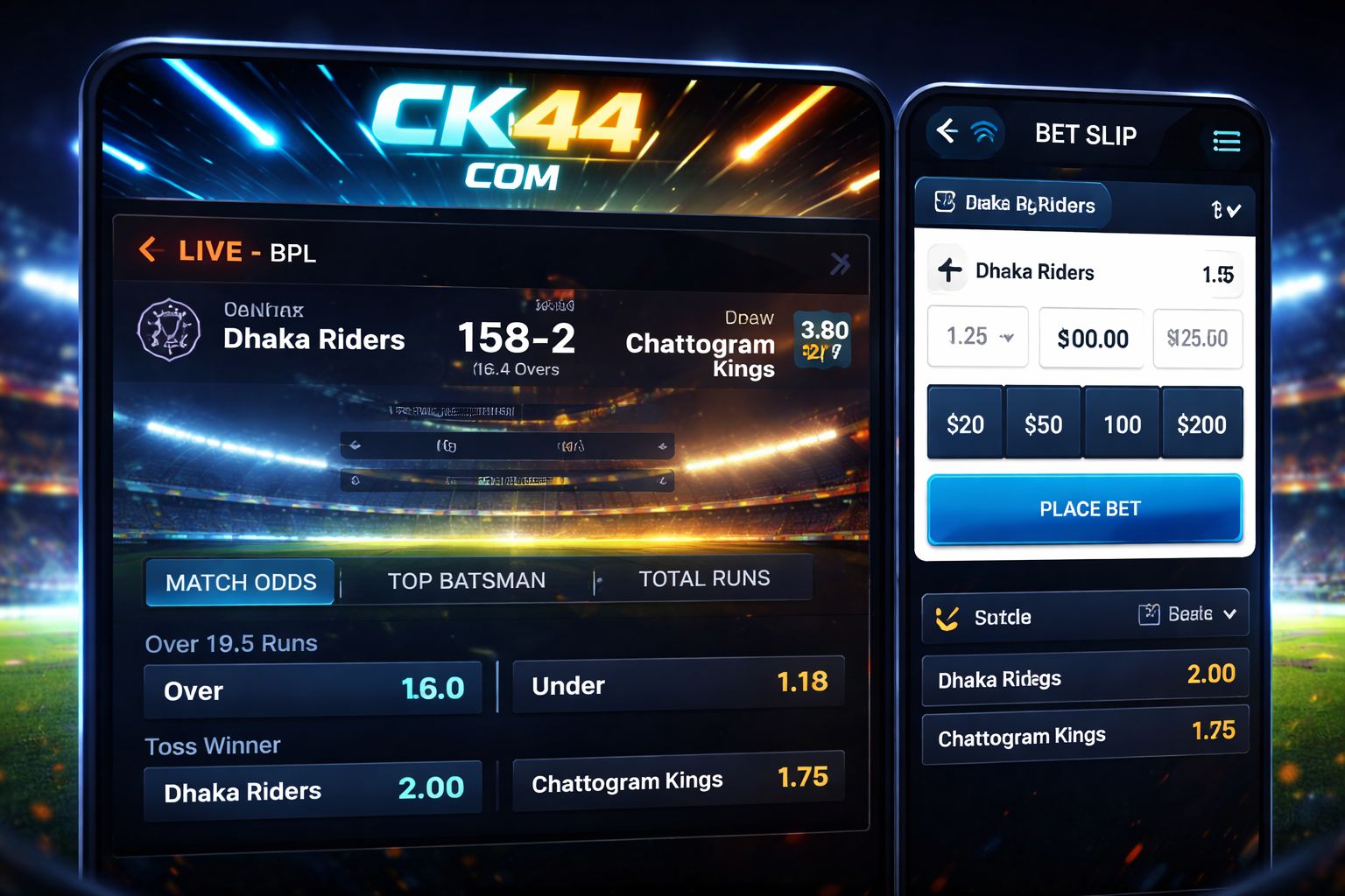 CK44 COM sports betting — live cricket odds displayed on mobile screen