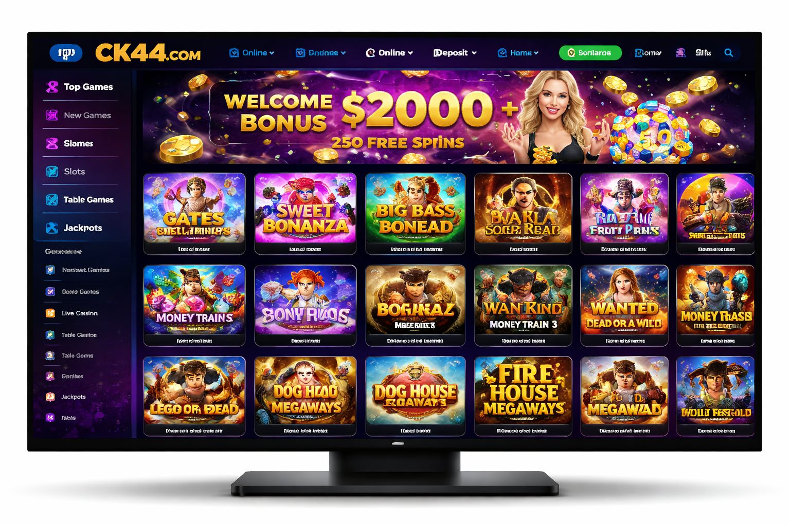 CK44 COM slots interface showing popular game thumbnails
